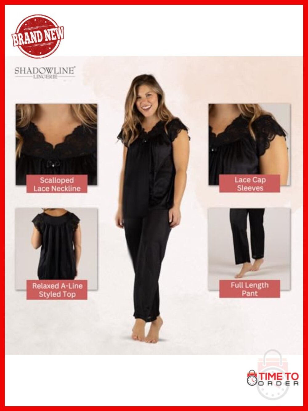 Shadowline Lace Cap Sleeve Pajama Set 100% Nylon Satintrique Tricot Sleepwear - Picture 2 of 6